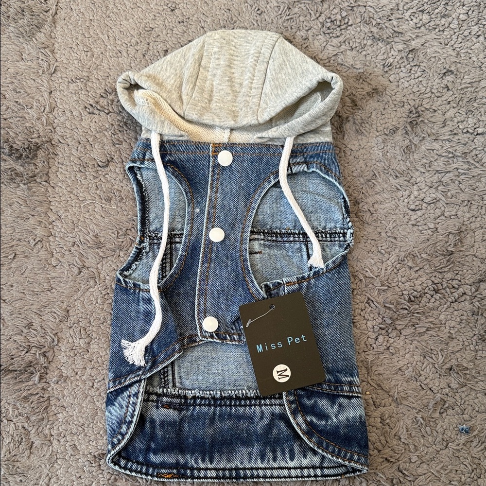 Denim Jacket with Gray Hood for Small Pets